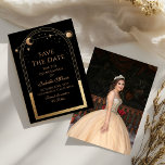 Save The Date Noir céleste Enregistrer La Date Anniversaire Quin<br><div class="desc">Celestial Black Save The Date Anniversaire Quinceanera Invitation présente un cadre doré, lune et étoiles sur un arrière - plan noir. À l'intérieur est votre Quinceanera personnalisée enregistrer les informations de date et au verso ajouter votre photo préférée. Personnalisez en modifiant le texte dans les zones de texte. Conçu pour...</div>