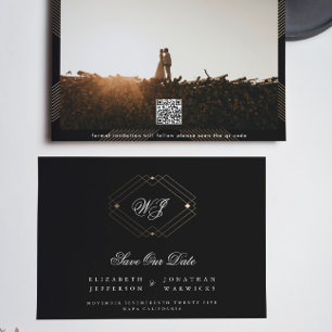 Save The Date noir classique déco or monogramme photo qr code