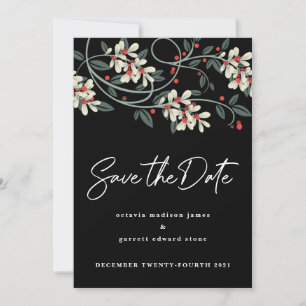 Save The Date Noir Écriture Moderne Fleurs Blanches Hiver