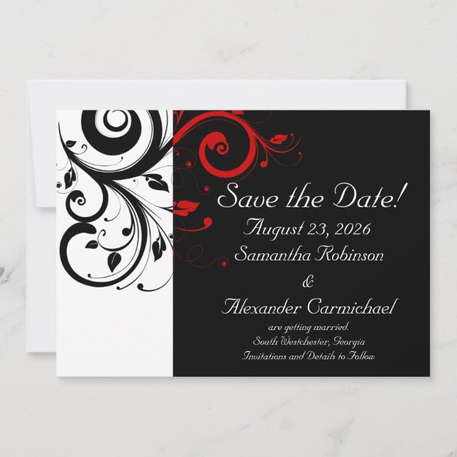 Save The Date Noir et blanc avec tourbillon rouge inversé (Devant)
