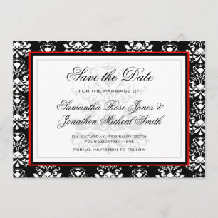 Save The Date Noir et blanc Damas rouge Accent Enregistrer la da