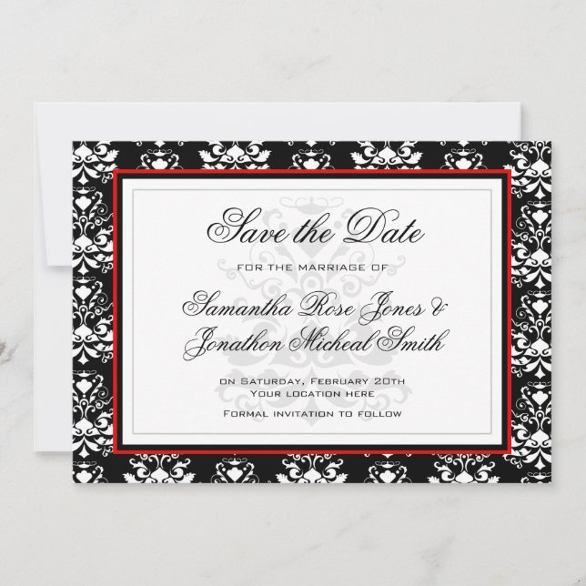 Save The Date Noir et blanc Damas rouge Accent Enregistrer la da (Devant)