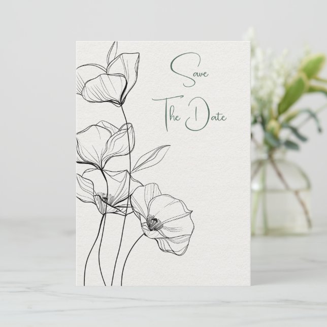 Save The Date Noir et blanc Floral Line Art on Ivory (Debout devant)