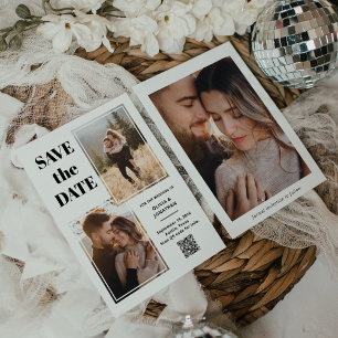 Save The Date Noir et blanc multi-photo moderne   Code QR