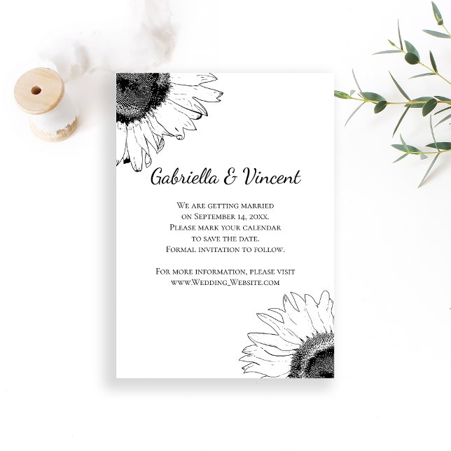 Save The Date Noir et Blanc Sunflower Mariage Enregistrer la dat (Créateur téléchargé)