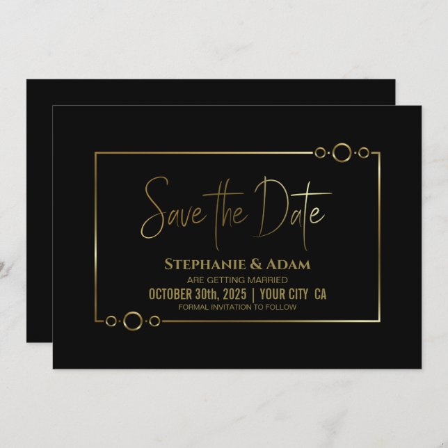 Save The Date Noir moderne avec cadre or Mariage Enregistrer la  (Devant / Derrière)