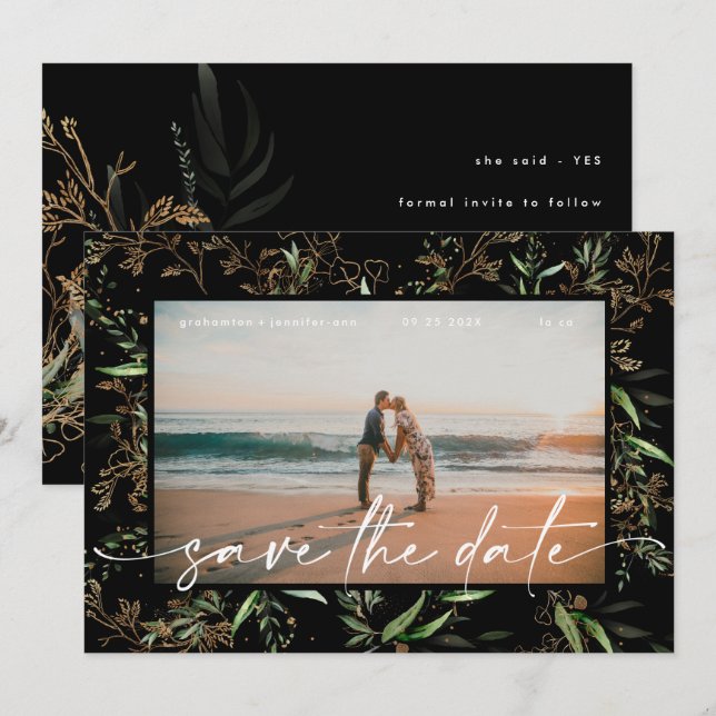 Save The Date Noir Premium Boho Golden Eucalyptus (Devant / Derrière)