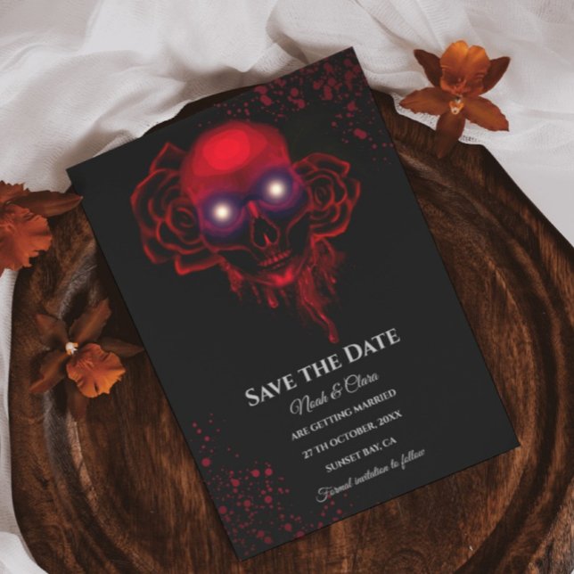 Save The Date Noir rouge floral foncé moody gothique crâne hallo (Créateur téléchargé)
