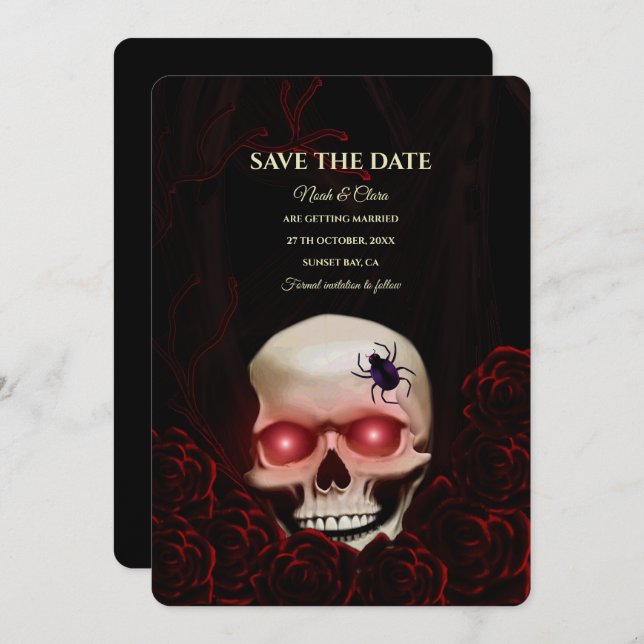 Save The Date Noir rouge floral foncé moody gothique crâne hallo (Devant / Derrière)