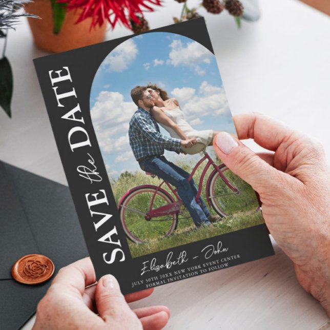 Save The Date Noir simple Arc photo mariage Enregistrer la date (Créateur téléchargé)