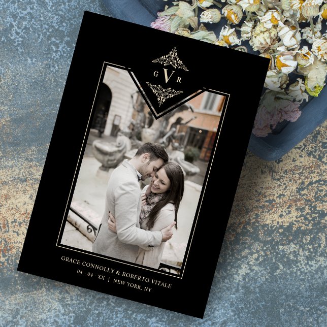 Save The Date Noir Sophistiqué Flourish Chic Golden Initiales (Créateur téléchargé)