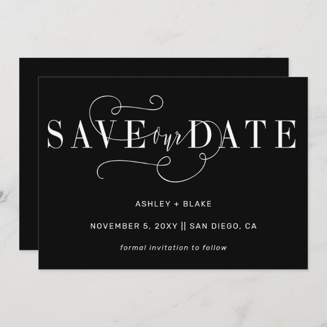 Save The Date Noir Stylé Simple Calligraphie manuscrite (Devant / Derrière)