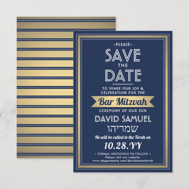 Save The Date Nom hébreu Bar Mitzvah Marine Bleu Blanc Faux Or (Devant / Derrière)