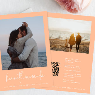 Save The Date Noms photo de Corail Peachy moderne Qr Code Mariag