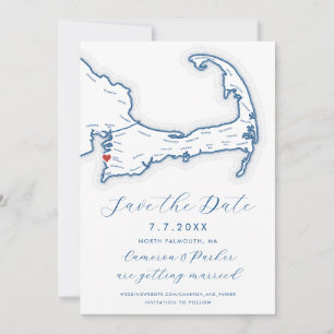 Save The Date North Falmouth MA Cape Cod Map Marine Blue Mariage