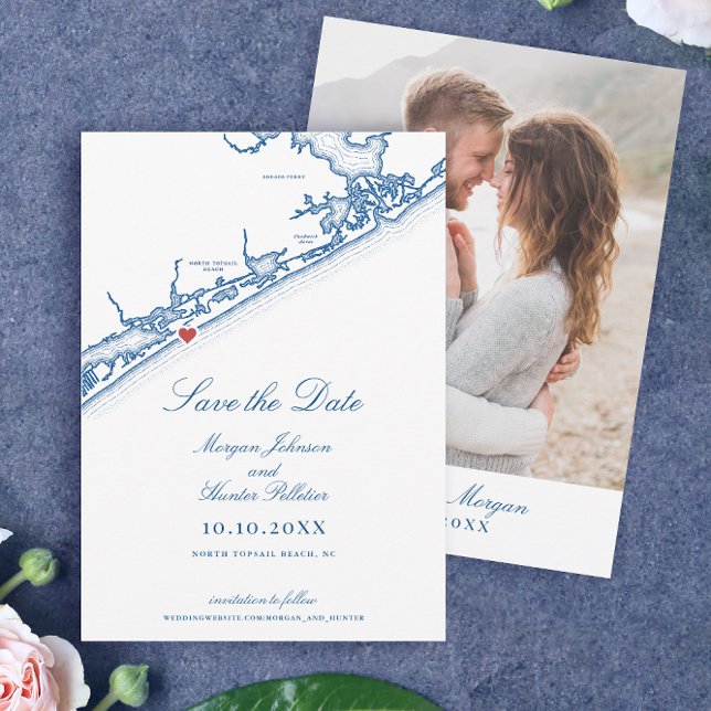 Save The Date North Topsail Beach Map Elegant Navy Blue Wedding (North Topsail Beach NC Save the Date for an Elegant Navy Blue NC Wedding by Coastal Map Designs)