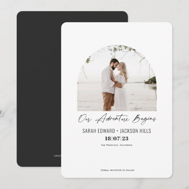 Save The Date Notre aventure commence, Simple photo d'arc modern (Devant / Derrière)