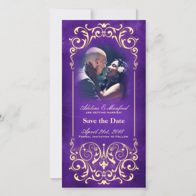 Save The Date Nouveau Victorian : Gold & Eggplant Enregistrer la (Devant)