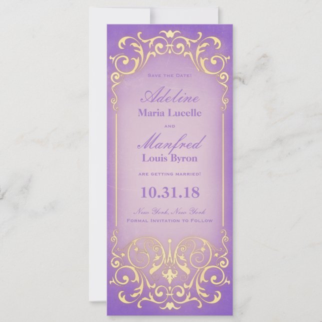 Save The Date Nouveau Victorien : Joli Lilac Gold Enregistrer la (Devant)