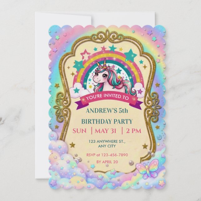 Save The Date Nuage de Licorne Arc-en-Ciel Magique Anniversaire  (Devant)
