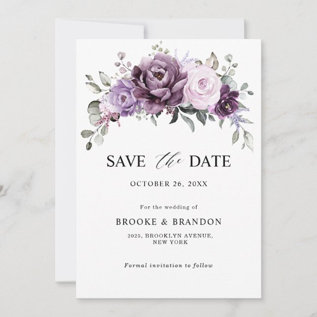 Save The Date Nuances de pourpre Dusty fleurs Moody Floral Maria (Devant)