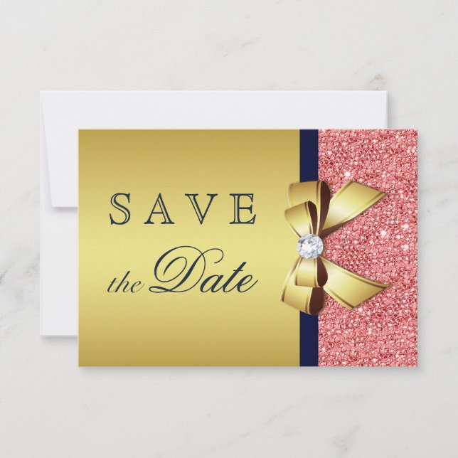 Save The Date Nuit dorée Corail Sequins Diamants Nœud Enregistre (Devant)