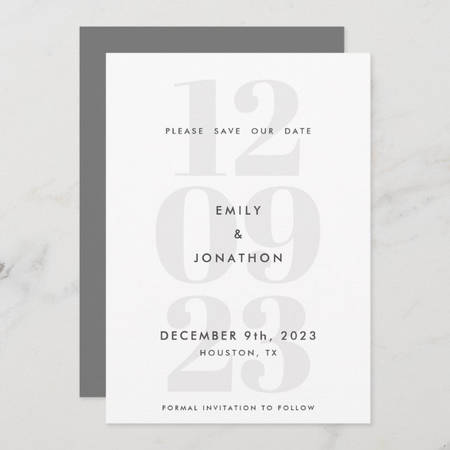 Save The Date Numéro de date moderne Typographie Gris (Devant / Derrière)
