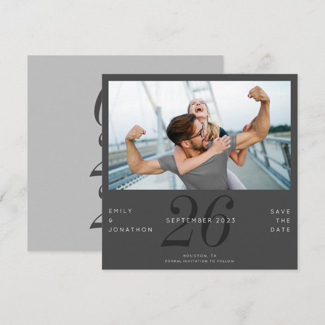Save The Date Numéro Moderne Date Photo Dark Grey Enregistrer La (Devant / Derrière)
