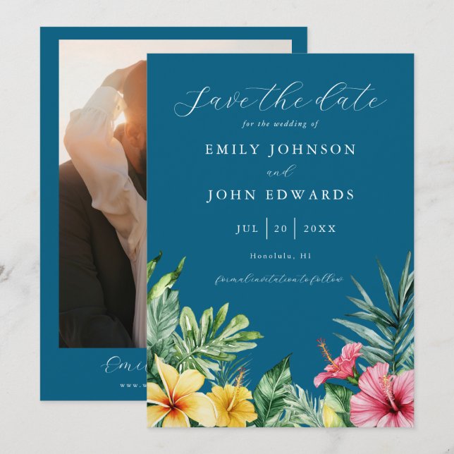 Save The Date Ocean Blue Elegant Tropical Flowers Mariage photo (Devant / Derrière)