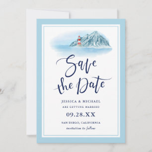 Save The Date Ocean Mountain Lighthouse Blue Watercolor Mariage
