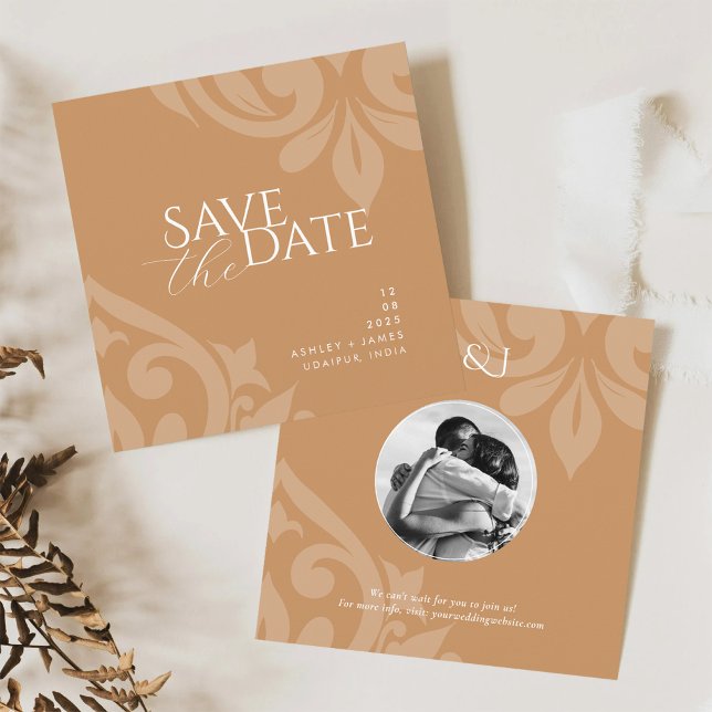 Save The Date Ochre Damask Elegant Classic Photo Mariage (Créateur téléchargé)