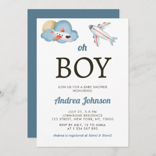 Save The Date Oh Boy Watercolor Avion Cloud Sky Baby shower