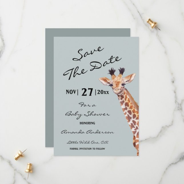 Save The Date Oh garçon bébé Baby shower de girafe (Devant/Arrière en situation)