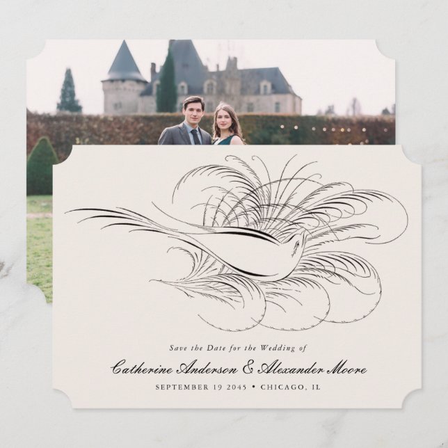 Save The Date Oiseau calligraphié Photo de mariage illustré vint (Devant / Derrière)