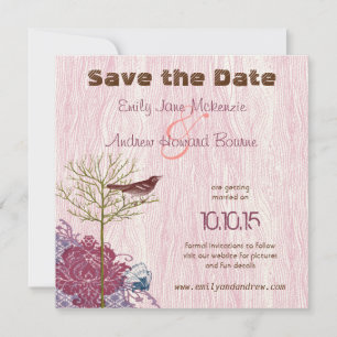 Save The Date Oiseau Vintage sur Mariage Bois Grain à Sauvegarde