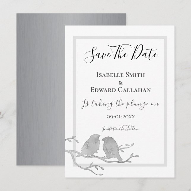 Save The Date Oiseaux à l'aquarelle grise romantique sur une bra (Devant / Derrière)