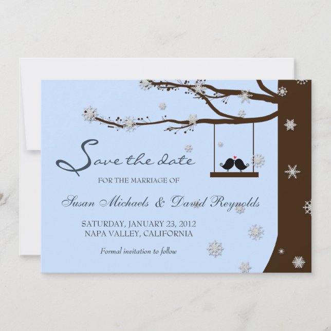 Save The Date Oiseaux Amoureux Flocon Chêne Hiver Épargne la Dat (Devant)