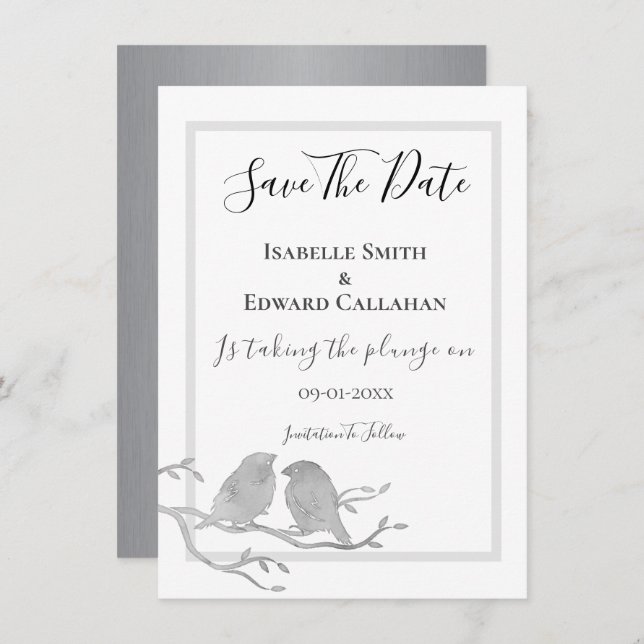Save The Date Oiseaux D'Aquarelle Gris Romantique Sur Mariage De (Devant / Derrière)