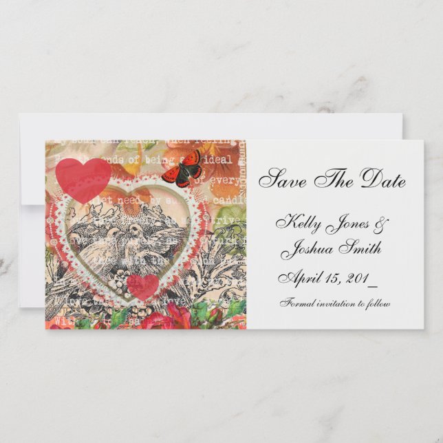 Save The Date Oiseaux de l'amour Cœur Rouge Collage d'art (Devant)