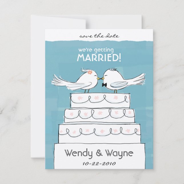 Save The Date Oiseaux Gâteau de Mariage Mariée & Marié Enregistr (Devant)