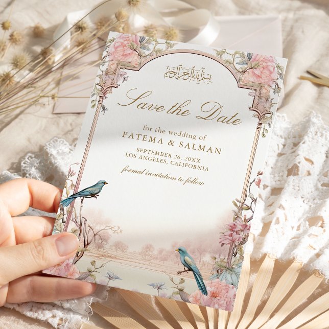 Save The Date Oiseaux Romantiques Fleur Musulmane Mariage Rose (Créateur téléchargé)
