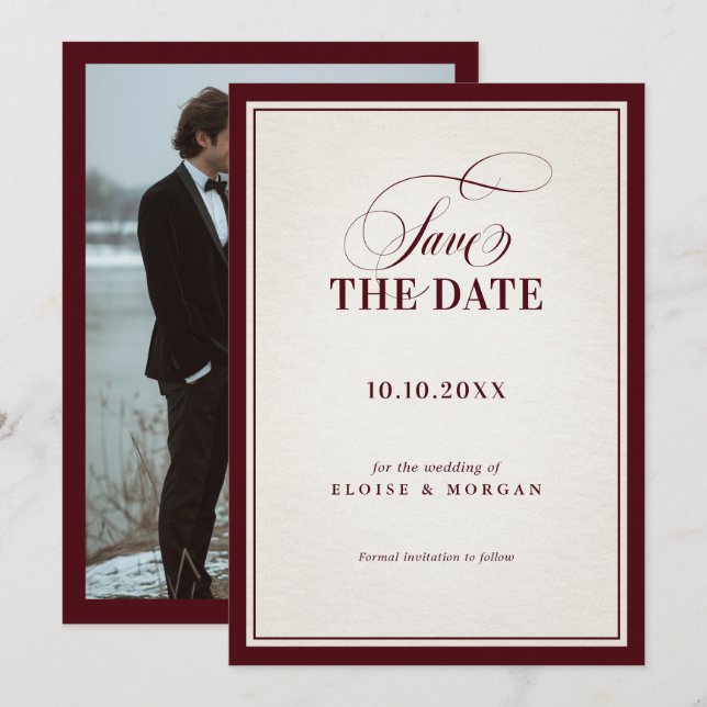 Save The Date Old Money Modern Formal Burgundy Luxury Wedding (Devant / Derrière)