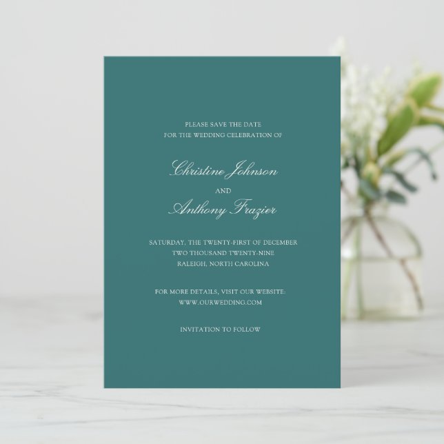 Save The Date Old Money Teal Classic Wedding (Debout devant)