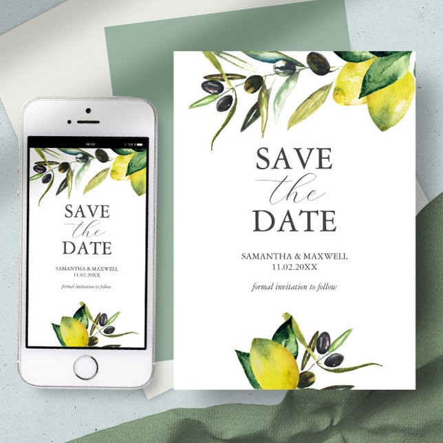 Save The Date Olive Citron Enregistrer La Date Aquarelle Moderne (save the date card digital template wedding theme mediterranean invitation lemon olives botanical)