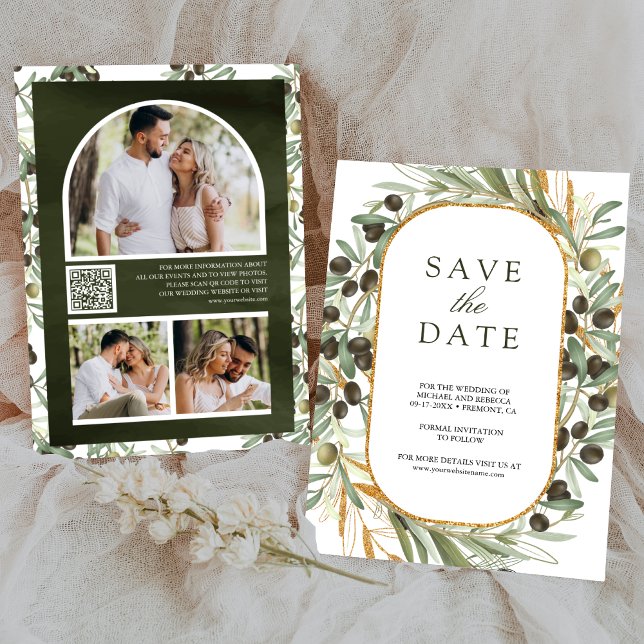 Save The Date Olive Feuille Photo Collage QR Code Mariage (Créateur téléchargé)