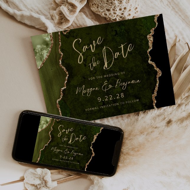 Save The Date Olive Green Agate Script Wedding Enregistrer la da (Créateur téléchargé)