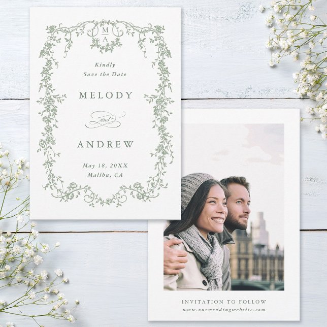 Save The Date Olive Green Classic Français Floral Mariage Photo (Front & Back)
