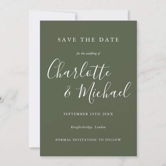 Save The Date Olive Green Elegant Signature Script Photo (Devant)