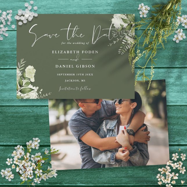 Save The Date Olive Green Élégante verdure Florale Mariage photo (Olive Green Elegant Greenery Floral Photo Wedding Save The Date)
