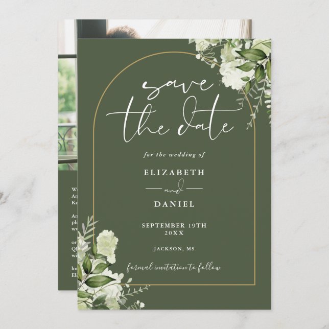 Save The Date Olive Green Floral Gold Arch Photo QR Code Mariage (Devant / Derrière)
